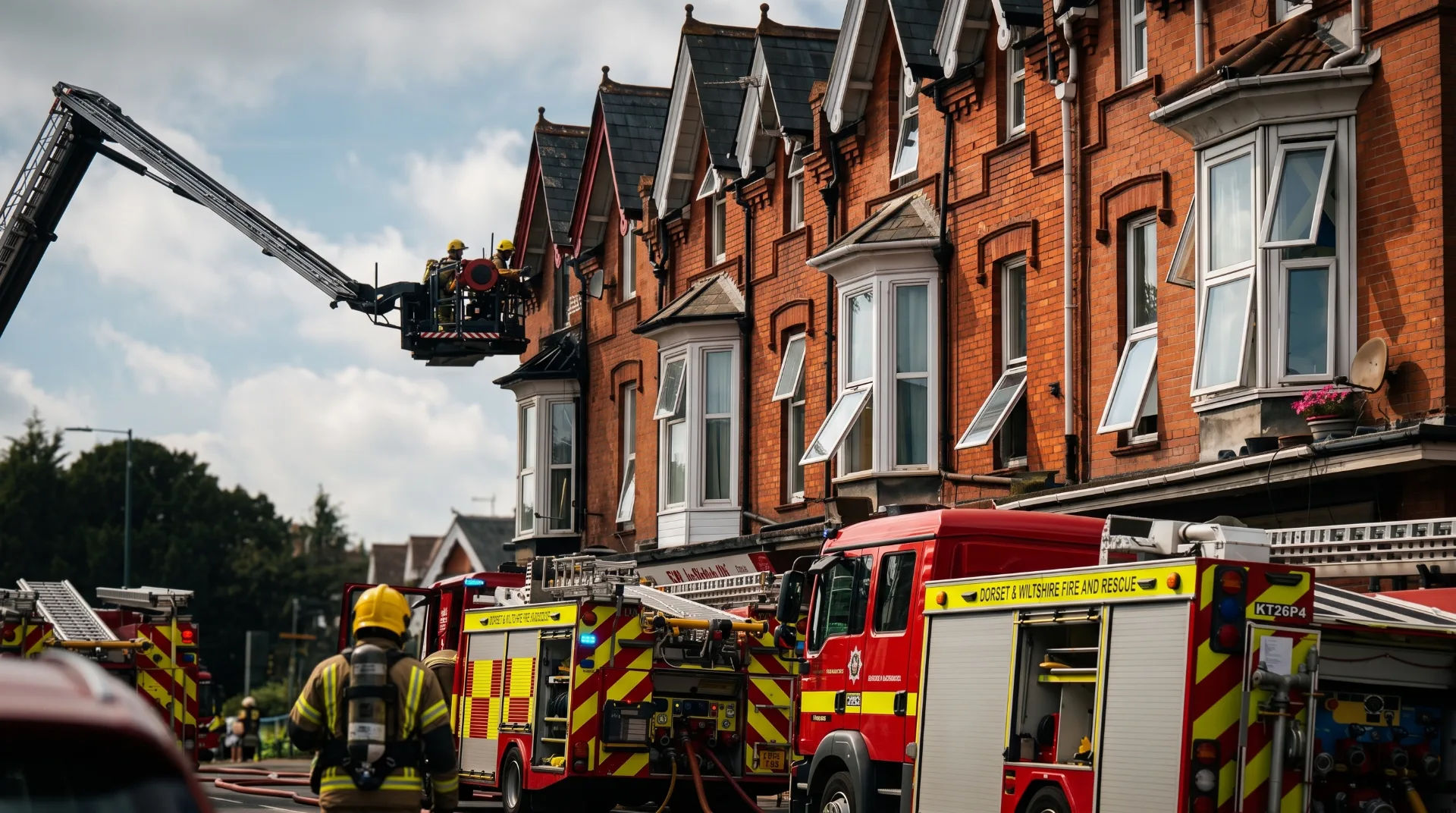 Firefighters using a ladder truck at a house fire on Holdenhurst Road, with fire engines and hoses visible.