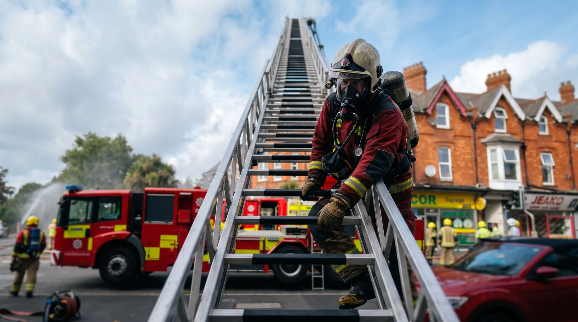 Firefighter in full gear climbing a metal ladder with fire engines in the background on a busy street