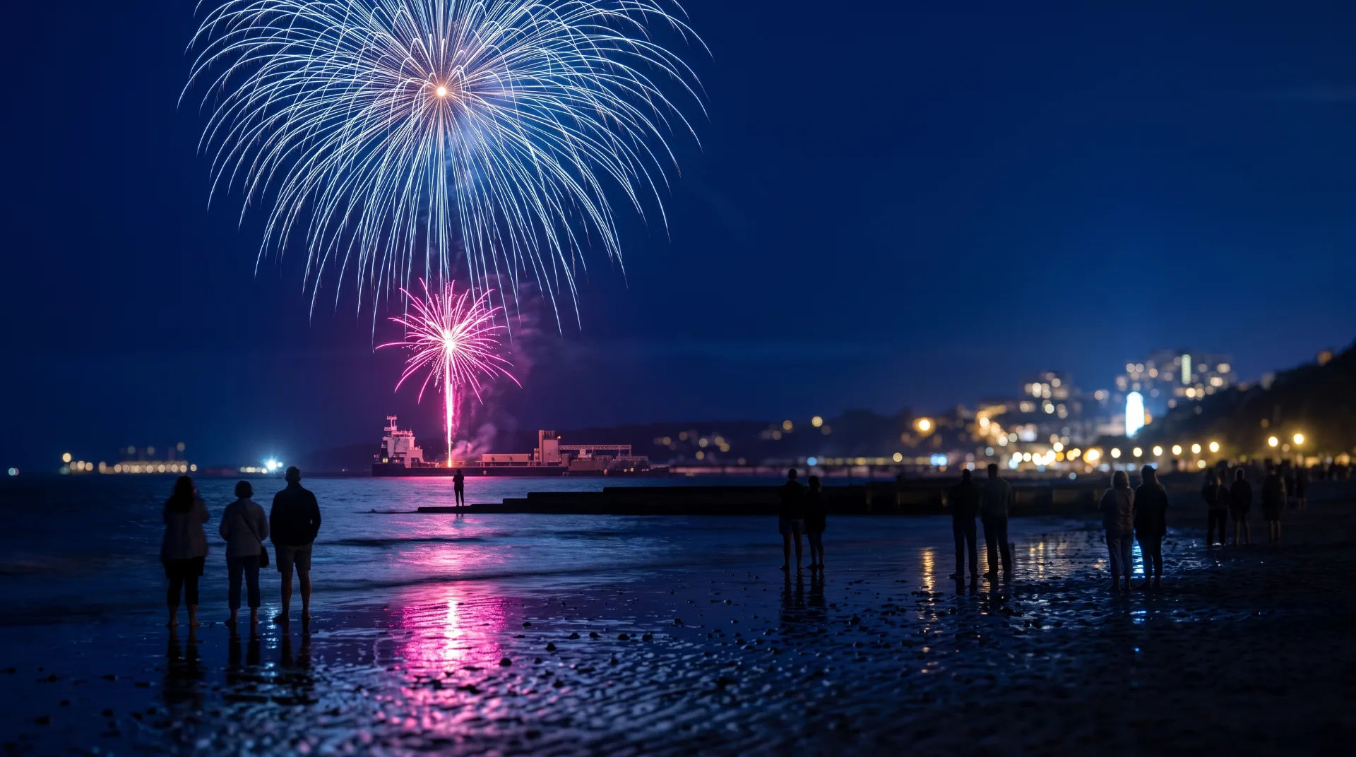 Fireworks illuminate the night sky above Bournemouth beach, with spectators watching from the shore.