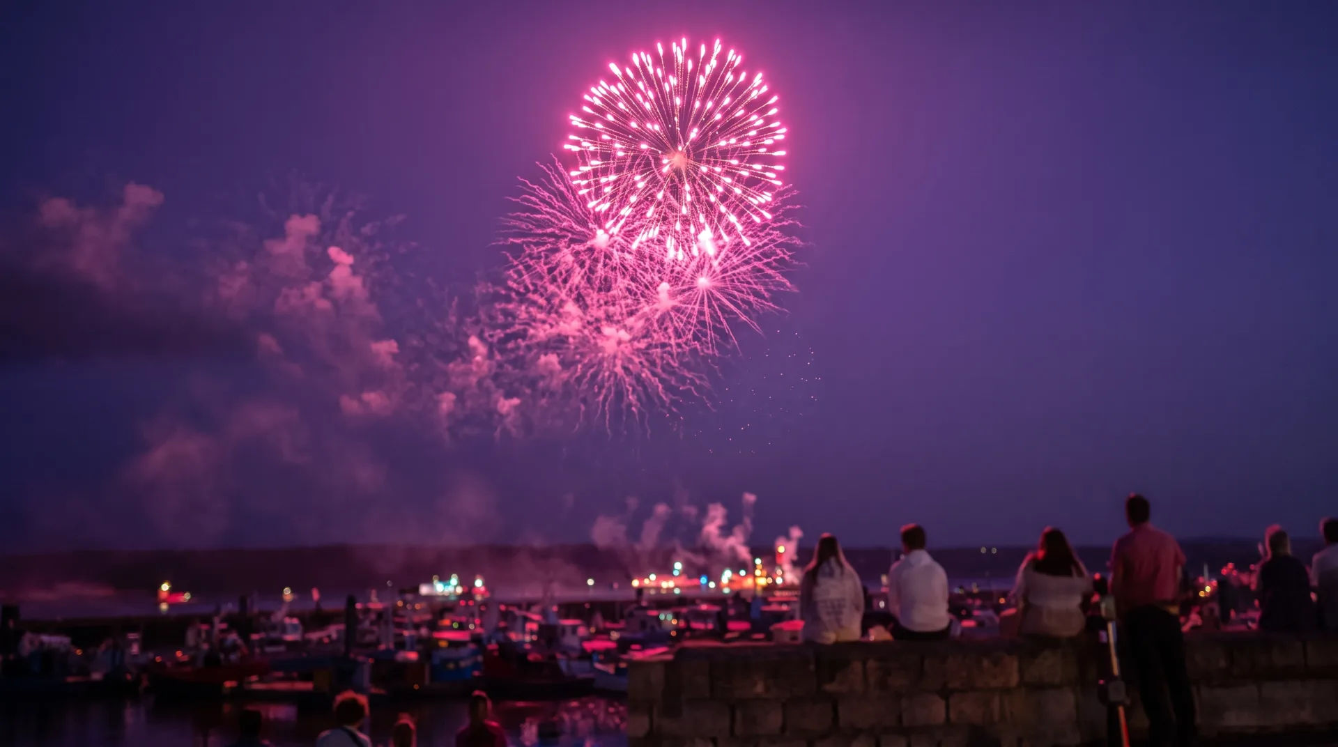 Fireworks display over a harbour at night with spectators sitting on a stone wall