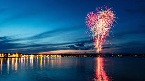 Colourful fireworks display reflected in calm water at twilight