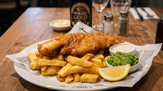 Plate of fish and chips with mushy peas, tartar sauce, and a lemon wedge