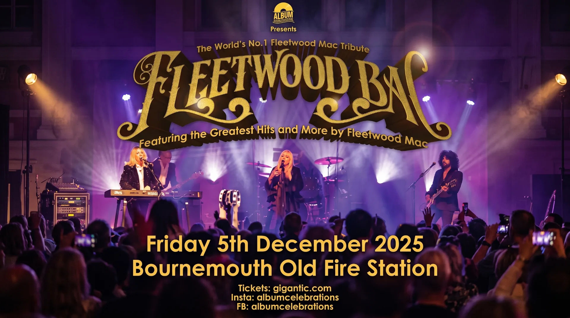 A live performance by Fleetwood Bac tribute band with a singer at a keyboard and guitarist, audience in foreground