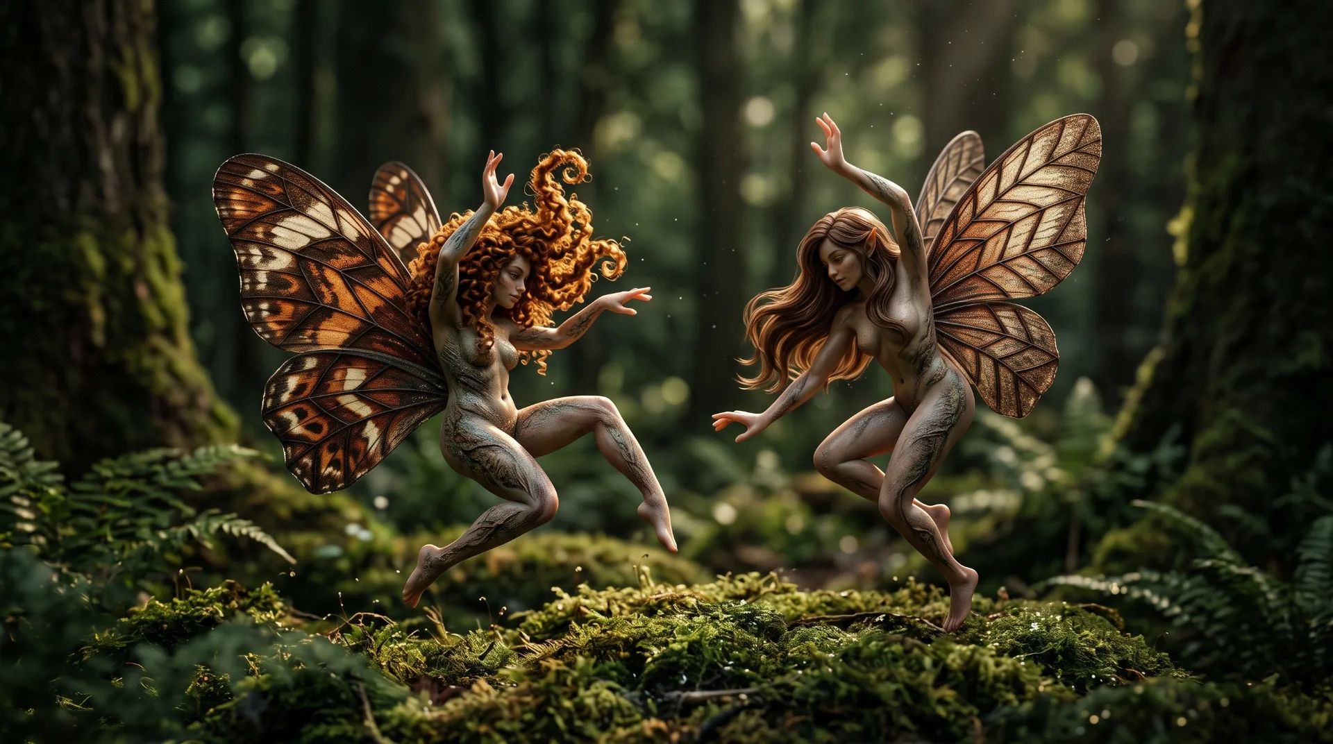 Two fairies with butterfly wings dancing in a forest setting, surrounded by lush greenery and moss.