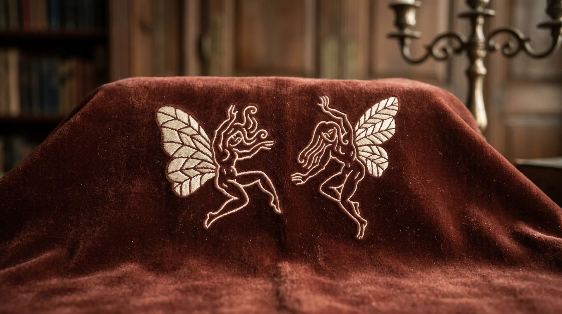 Embroidered design of two fairies on a rich brown fabric, with intricate details on wings and figures