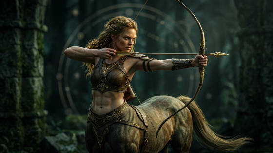 A centaur warrior aiming a bow and arrow in a forest