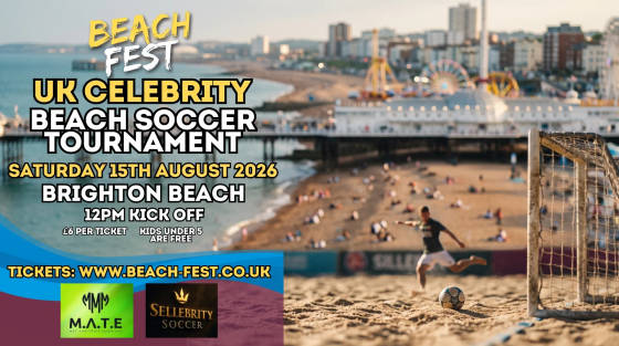 A beach soccer scene on Brighton Beach with a player and a goal