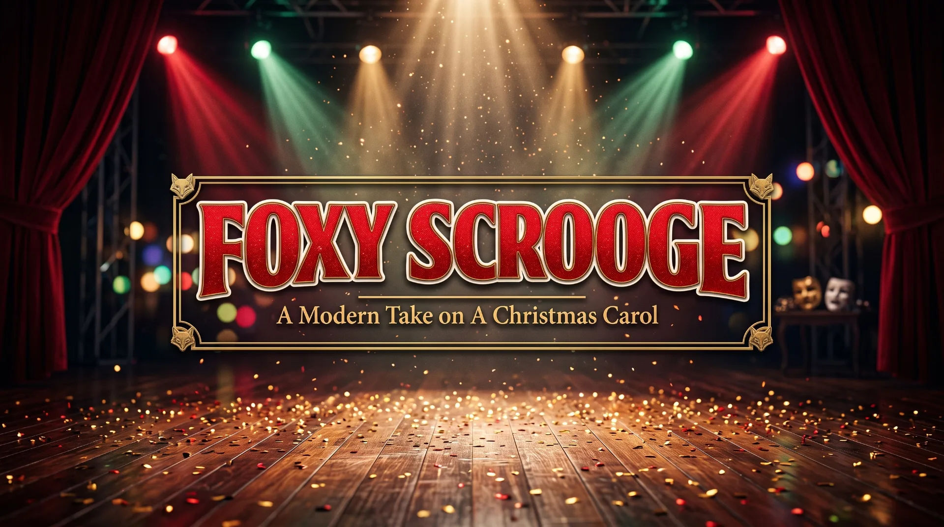 The stage set for the Foxy Scrooge show with vibrant lights and glittering confetti on the floor