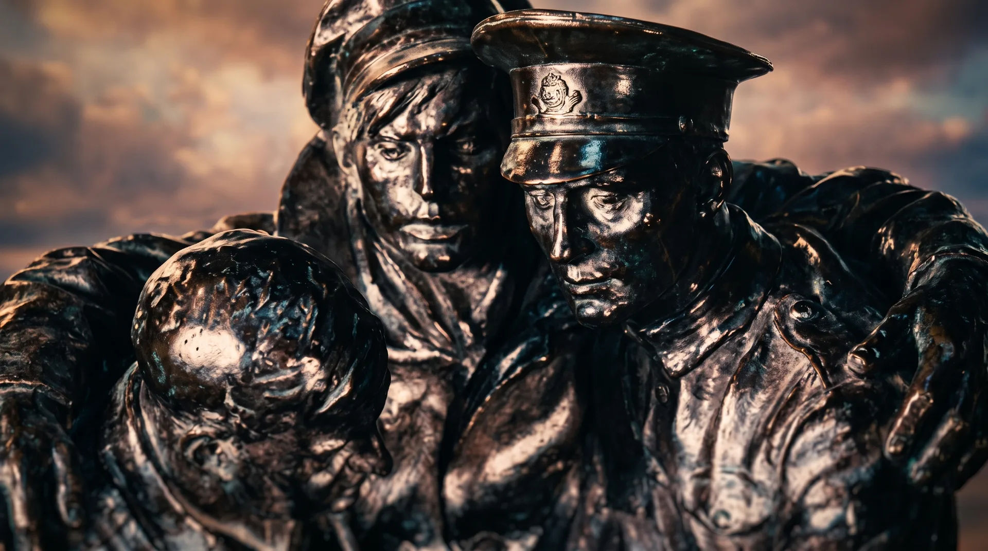 Close-up of a bronze sculpture featuring three soldiers in uniform embracing each other