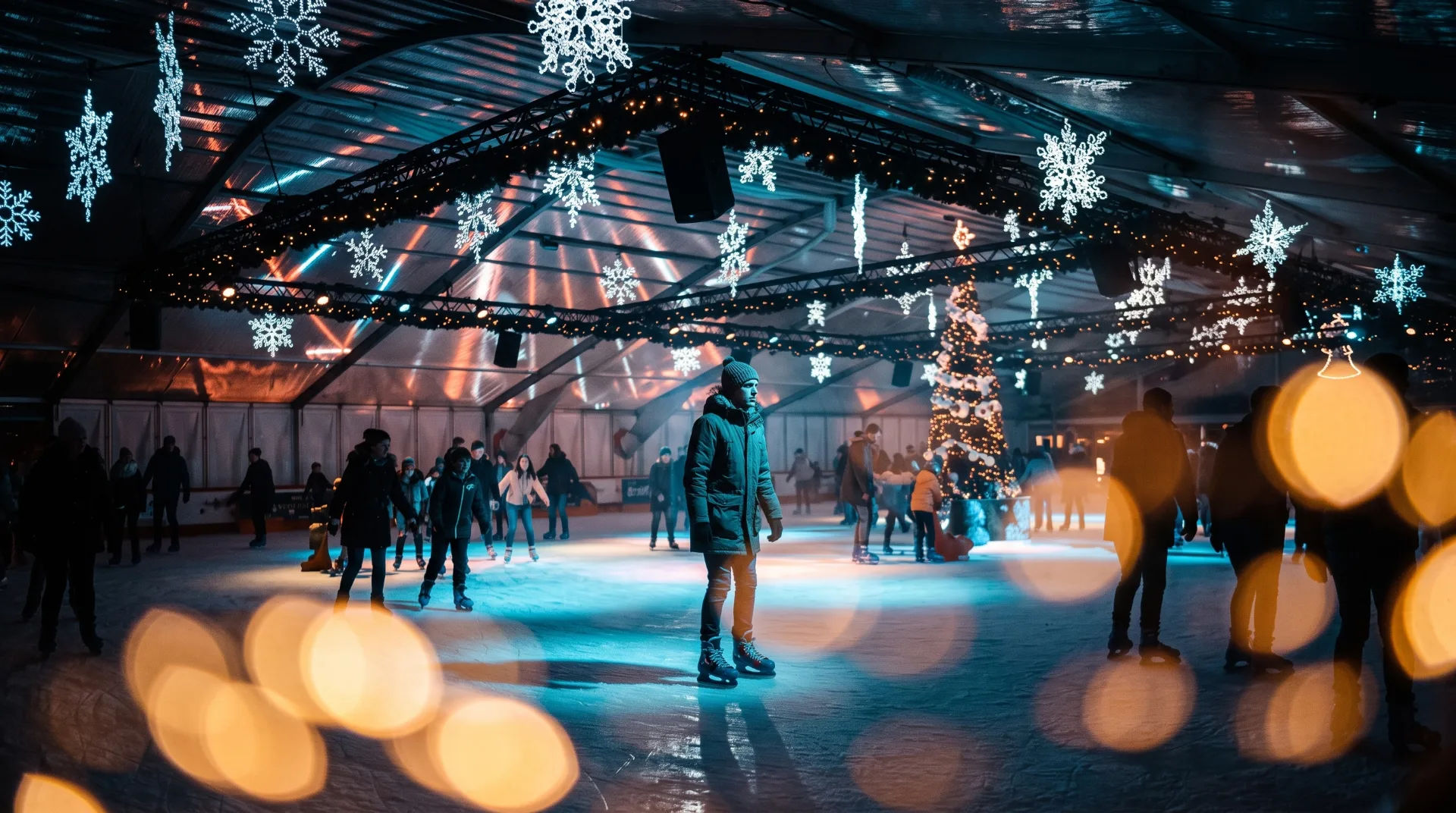 Ice skating rink decorated with snowflake lights and a Christmas tree, people skating in a festive atmosphere