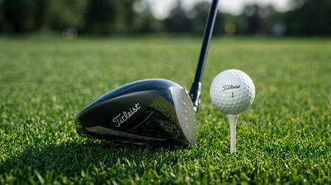 A golf club and a Titleist golf ball on a tee