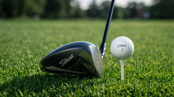 A golf club and a Titleist golf ball on a tee