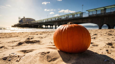 An orange pumpkin on sandy beach with Oceanic Hotel and pier behind