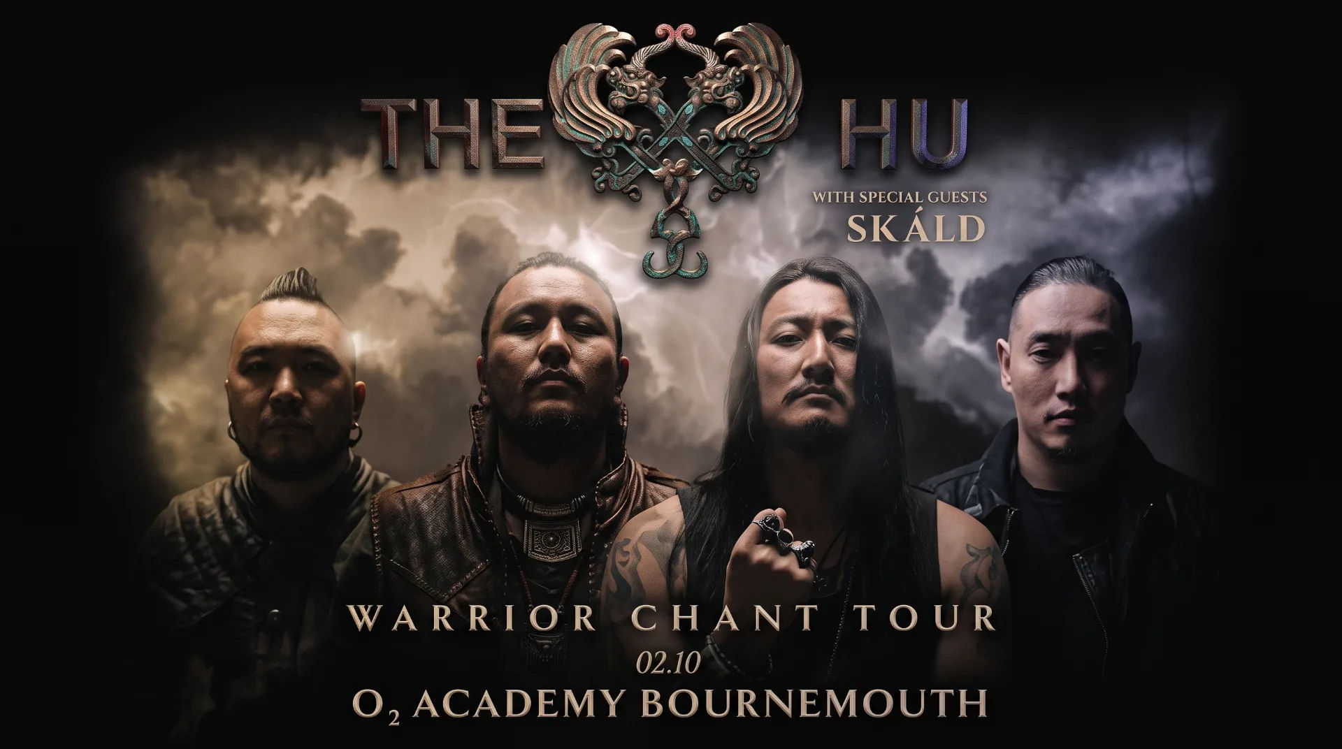 Four band members of The HU pose against a dark, cloudy background, showcasing their unique style and instruments.