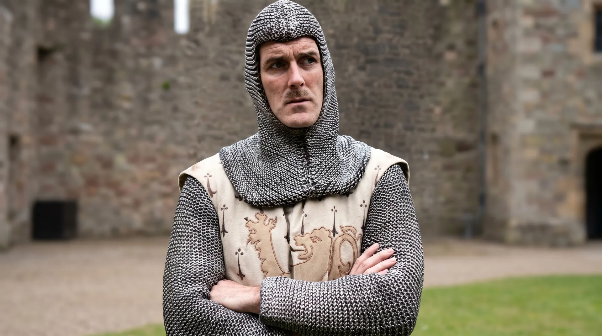 A man in chainmail and a tunic stands with arms crossed, looking serious against a stone castle background.