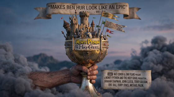A hand holding a golden chalice with a castle and knights.