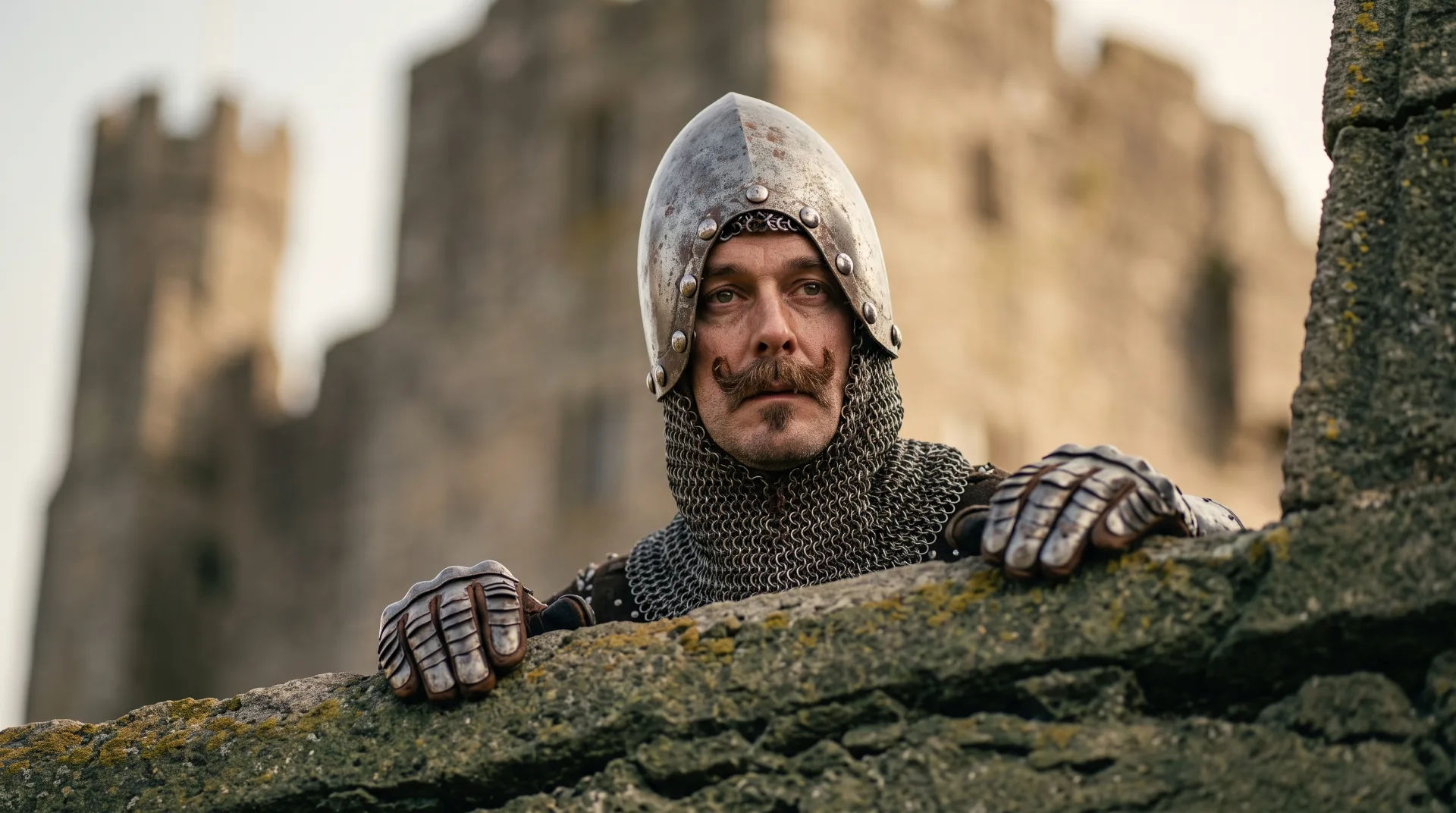 A man in medieval armour peering over a stone wall, with a castle in the background.