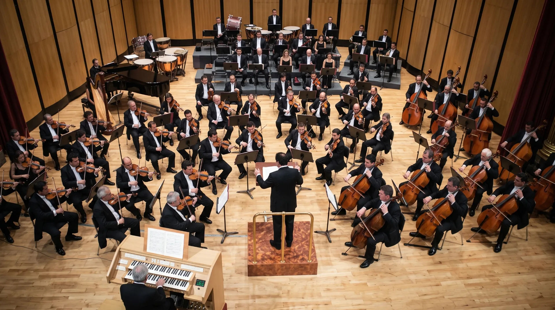 A large orchestra performing on stage, with musicians in formal attire and various instruments visible.