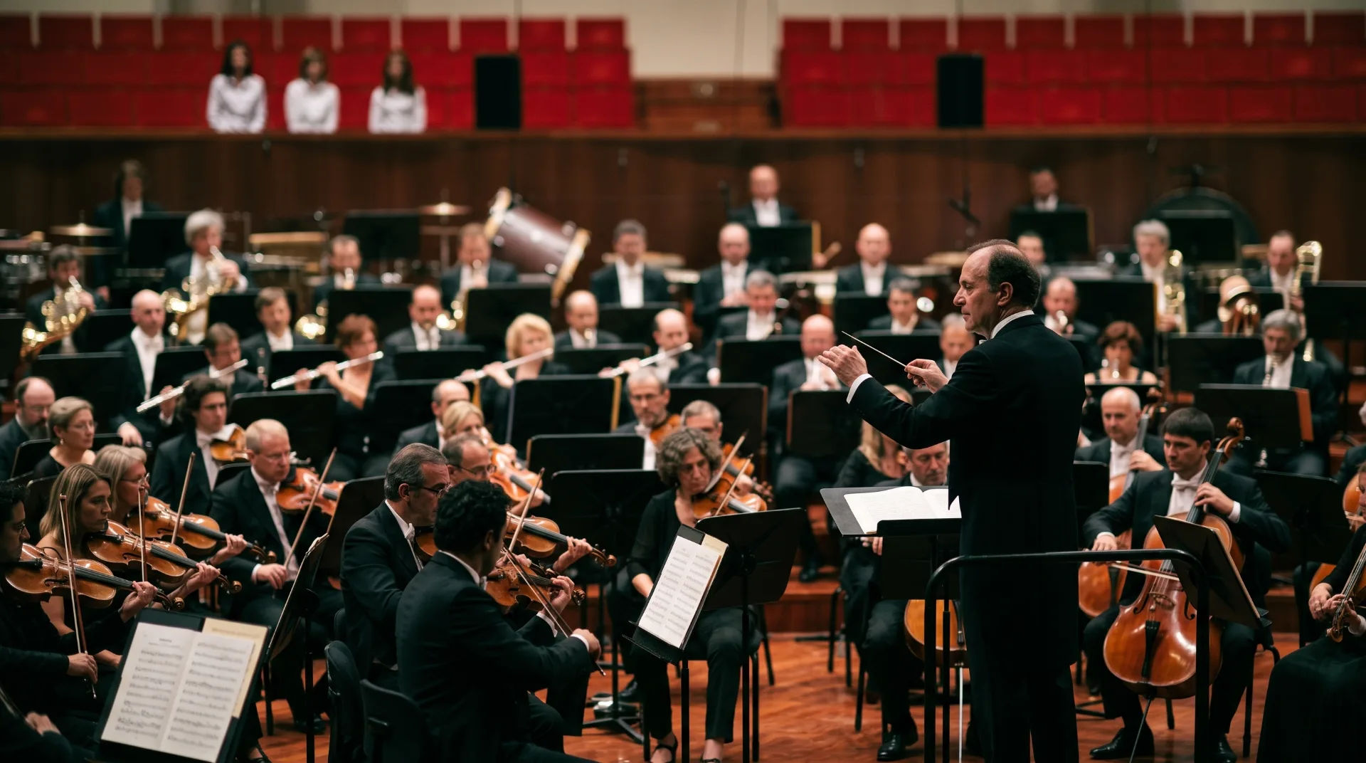 A conductor leads a large orchestra on stage, with musicians playing various instruments in a concert hall.