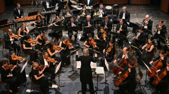 A large orchestra with musicians playing various instruments on stage