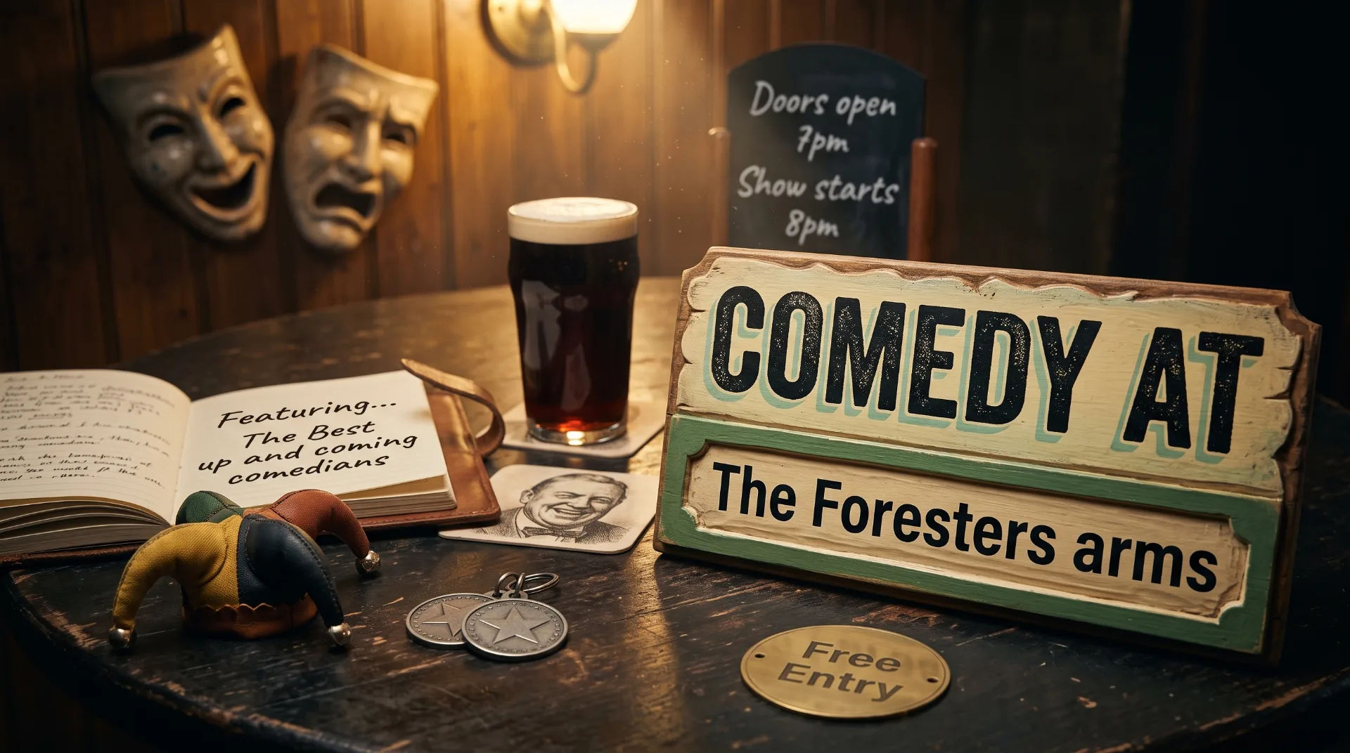 A table with a comedy sign, a pint of beer, a notebook, and a jester hat, with theatre masks in the background.
