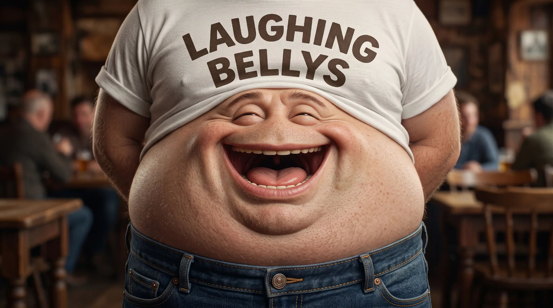 A person wearing a white t-shirt with 'LAUGHING BELLYS' printed on it, smiling broadly in a pub setting.