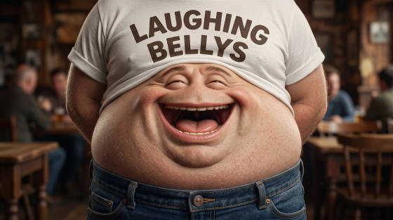 A person wearing a shirt with 'LAUGHING BELLYS' in a pub