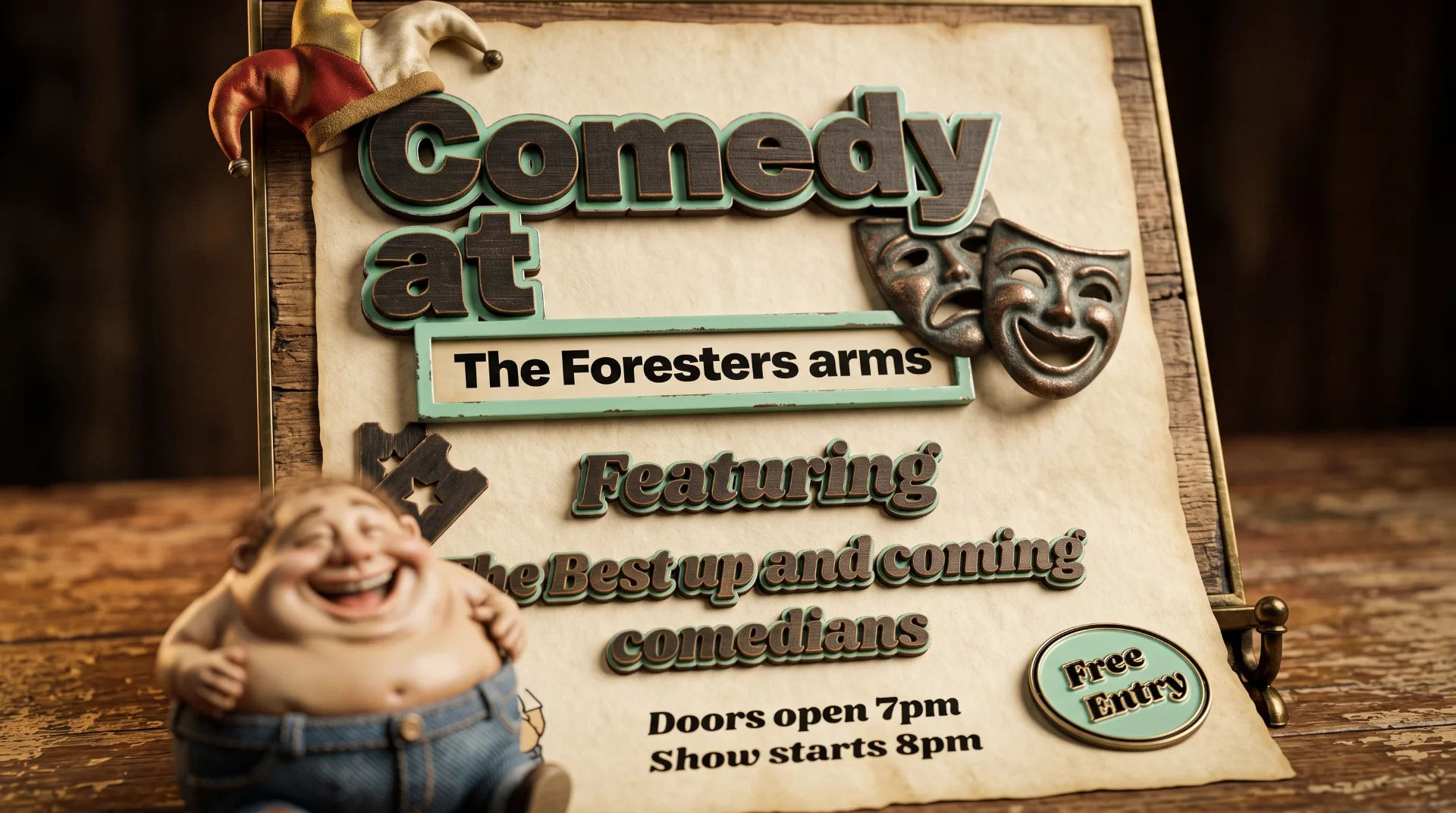 A decorative sign for a comedy night at The Foresters Arms, featuring a jester hat and a laughing figurine.