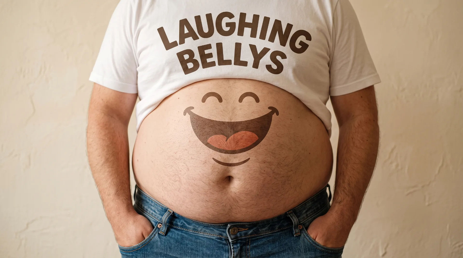 A person wearing a white t-shirt with 'LAUGHING BELLYS' printed on it, showing a smiling cartoon face on their belly.