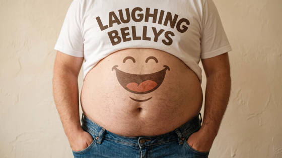 A man wearing a t-shirt with 'Laughing Bellys' and a smiling belly graphic