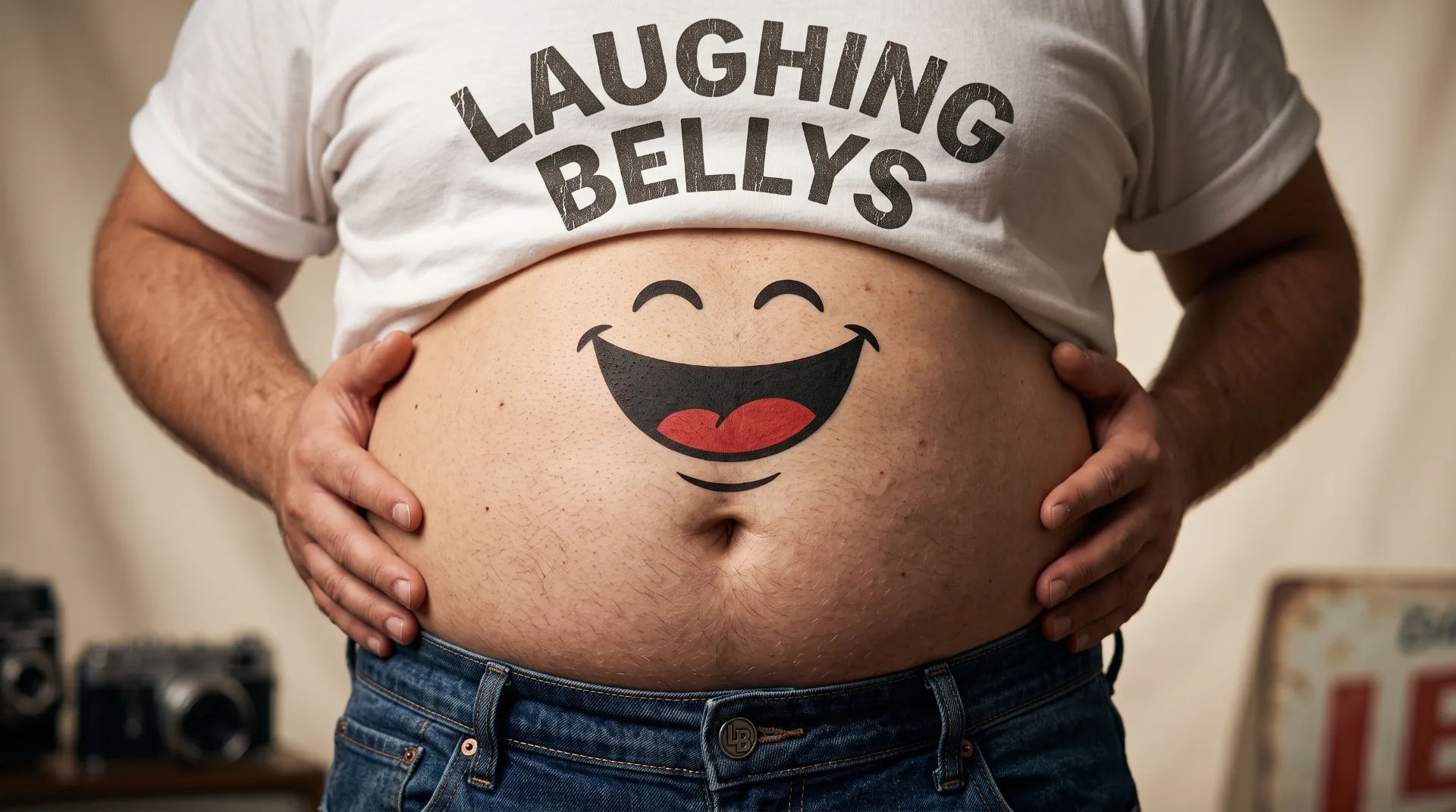 A person in a white t-shirt with 'LAUGHING BELLYS' holds their belly featuring a smiling face design.