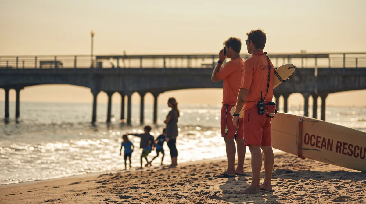RNLI lifeguards in red and yellow watching families on the sand