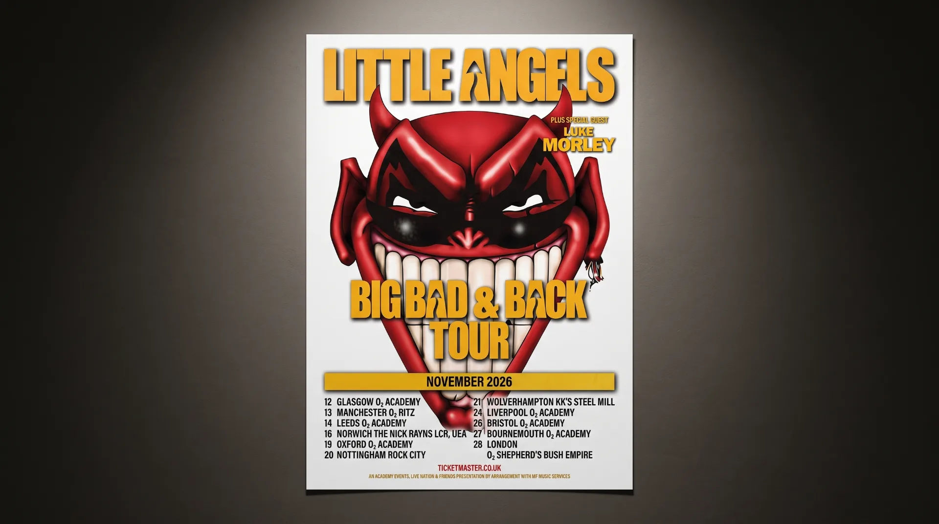 A concert poster for Little Angels' Big Bad & Back Tour featuring a devilish character and tour dates.