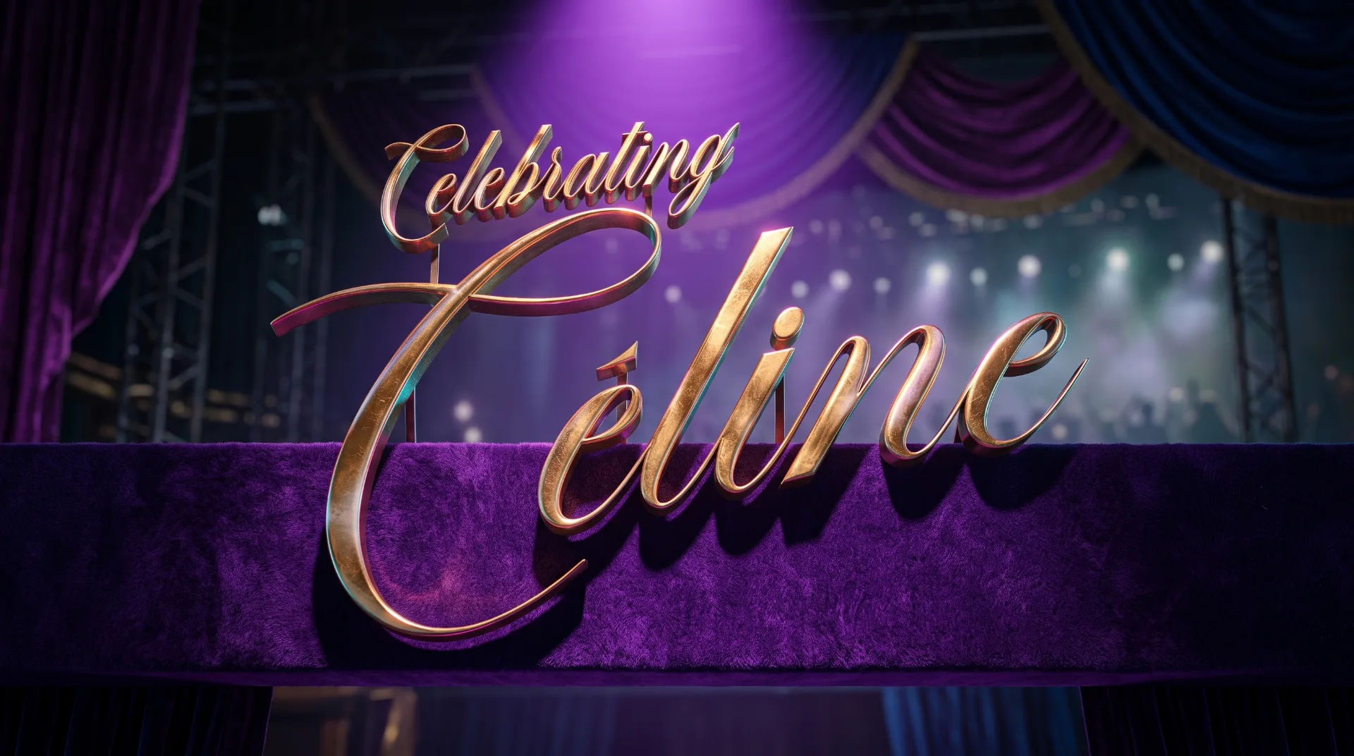 Stylised text reading 'Celebrating Céline' on a purple stage with soft lighting in the background