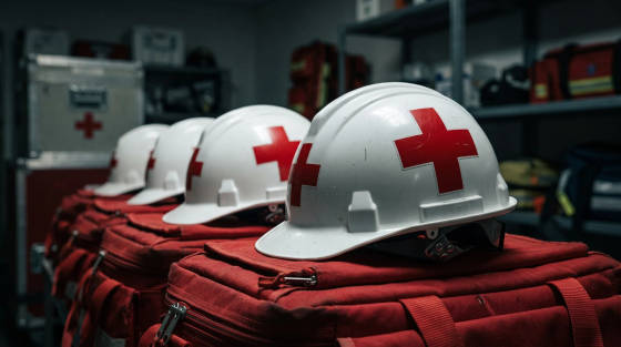 White helmets with red crosses on red bags in a storage area