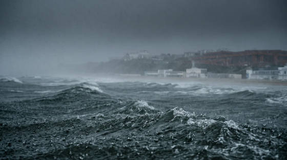 Choppy sea with dark clouds and distant coastline in Bournemouth