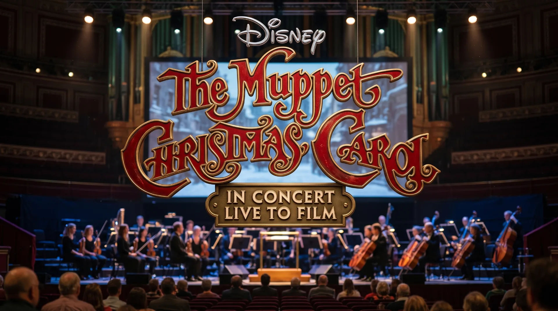 Stage set for Disney's The Muppet Christmas Carol concert with musicians and a large screen in the background