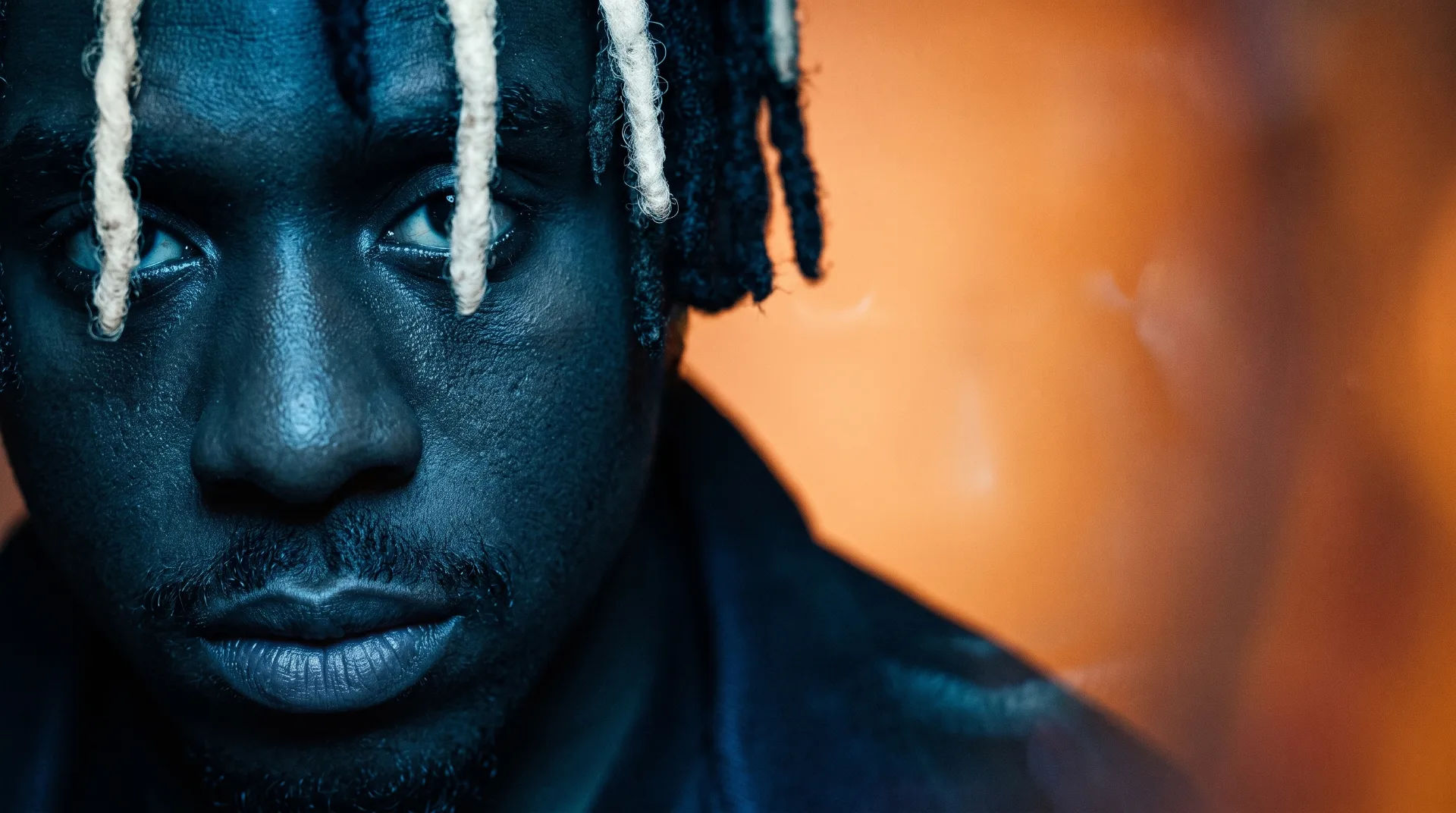 Close-up portrait of a young man with dark skin and styled hair, intense gaze against a blurred orange background.
