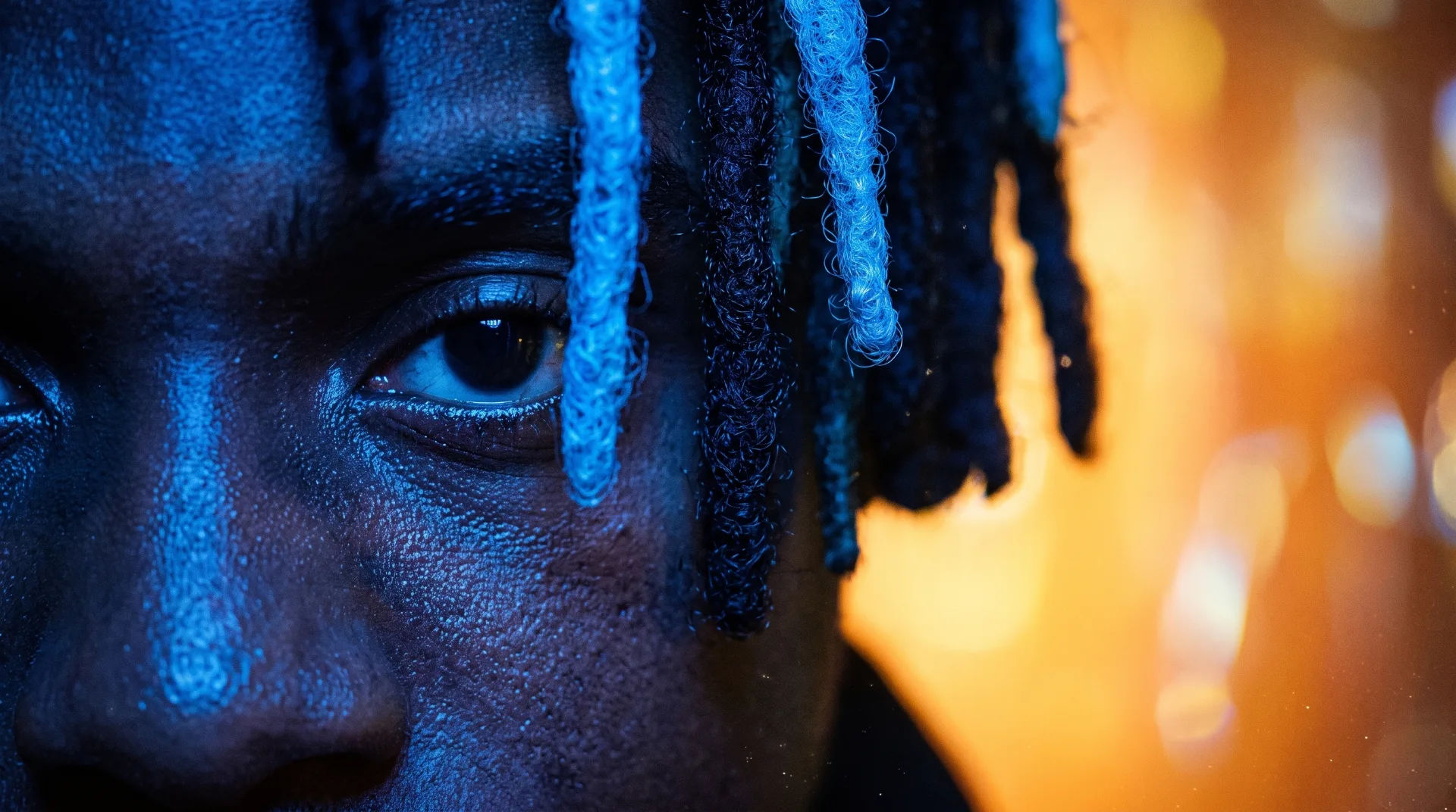 Close-up of a person with braided hair and a striking blue light effect on their skin