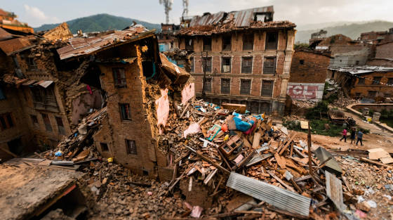 Rubble and damaged buildings in a disaster-stricken area
