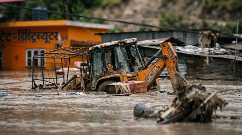 A JCB digger partially submerged in floodwater