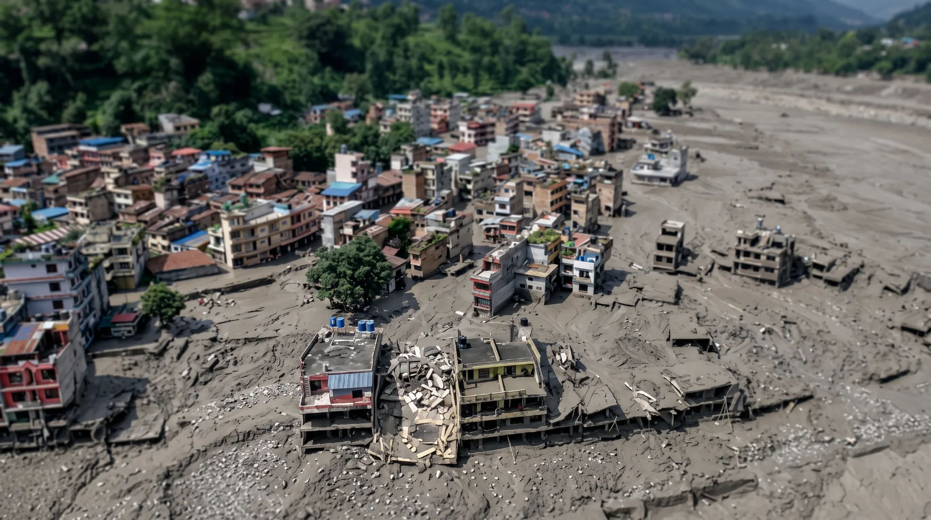 Devastated neighbourhood with collapsed buildings and mud-covered streets after flooding in Nepal