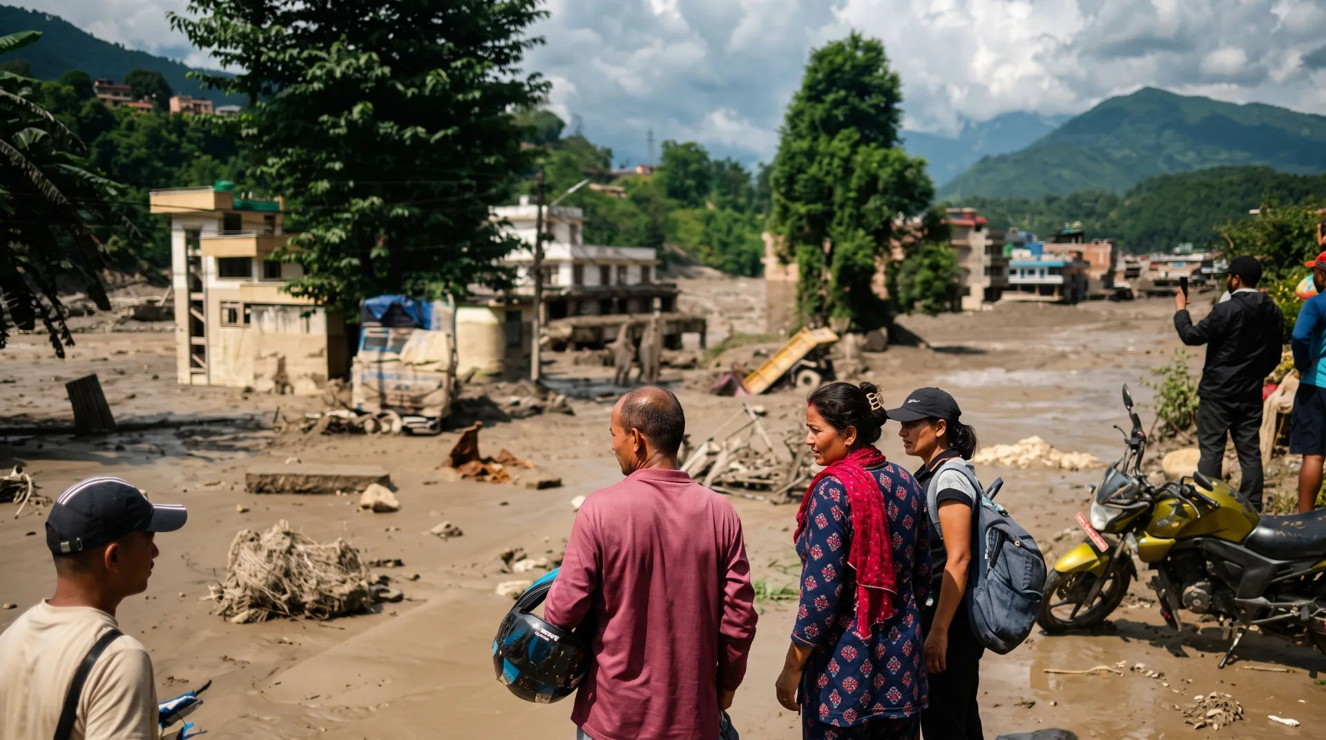 Four people stand on a muddy landscape, observing damage from a flash flood, with buildings and mountains in the background.