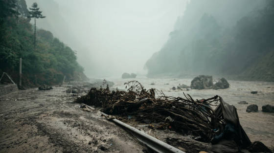 Flooded riverbank covered in debris with a misty background