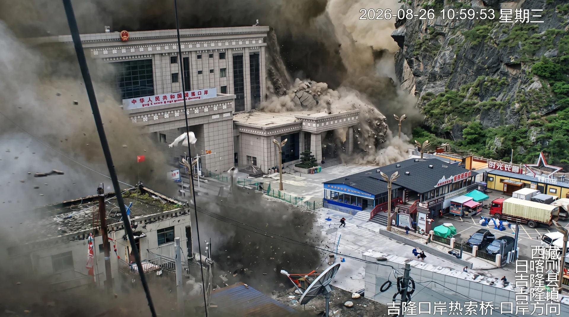 A building collapses amid dust and debris, with people fleeing and vehicles scattered in a chaotic scene.