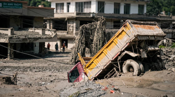 A truck partially buried in mud with buildings in the background