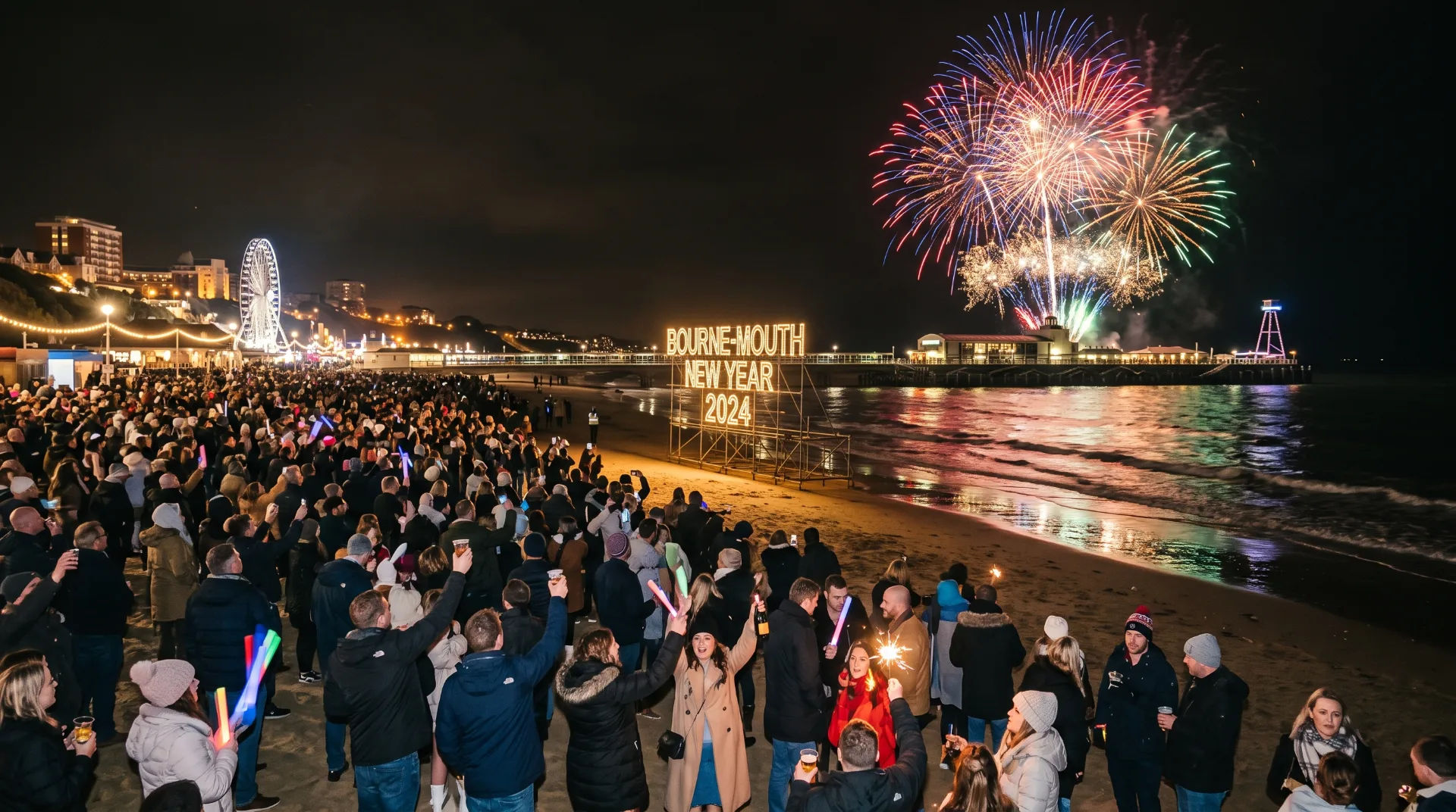 Crowd celebrating New Year 2024 on Bournemouth beach with fireworks and illuminated sign