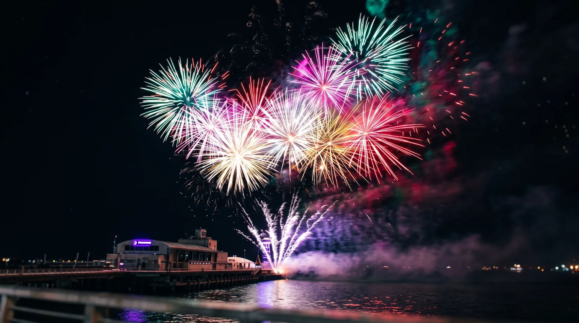 Vibrant fireworks display over the sea with a pier in the foreground at night