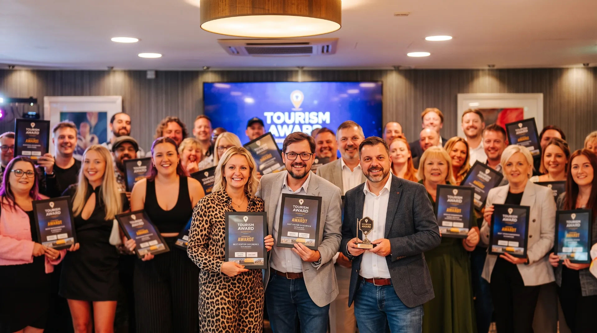 Group of smiling finalists holding awards at the 2026 DMB tourism awards ceremony