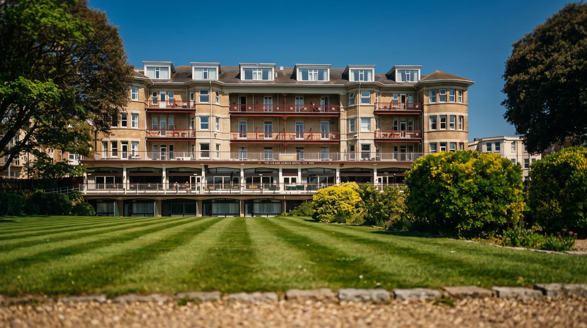 The Grand Albion Hotel with manicured lawns and vibrant greenery in front.
